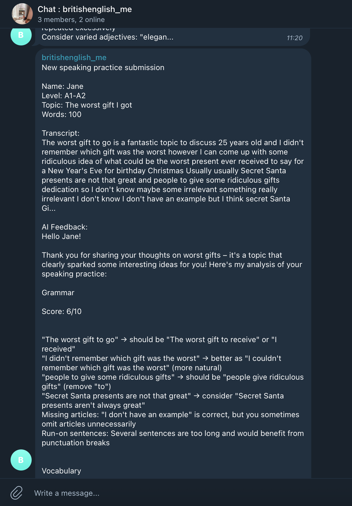 Уведомление бота в Telegram с расшифровкой речи студента и обратной связью ИИ по грамматике